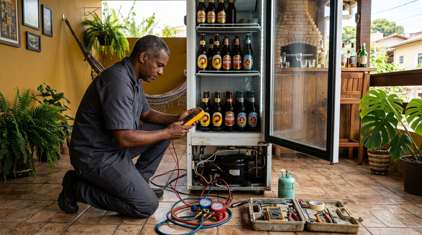 Placa eletrônica de cervejeira em reparo na bancada em Osasco‑SP