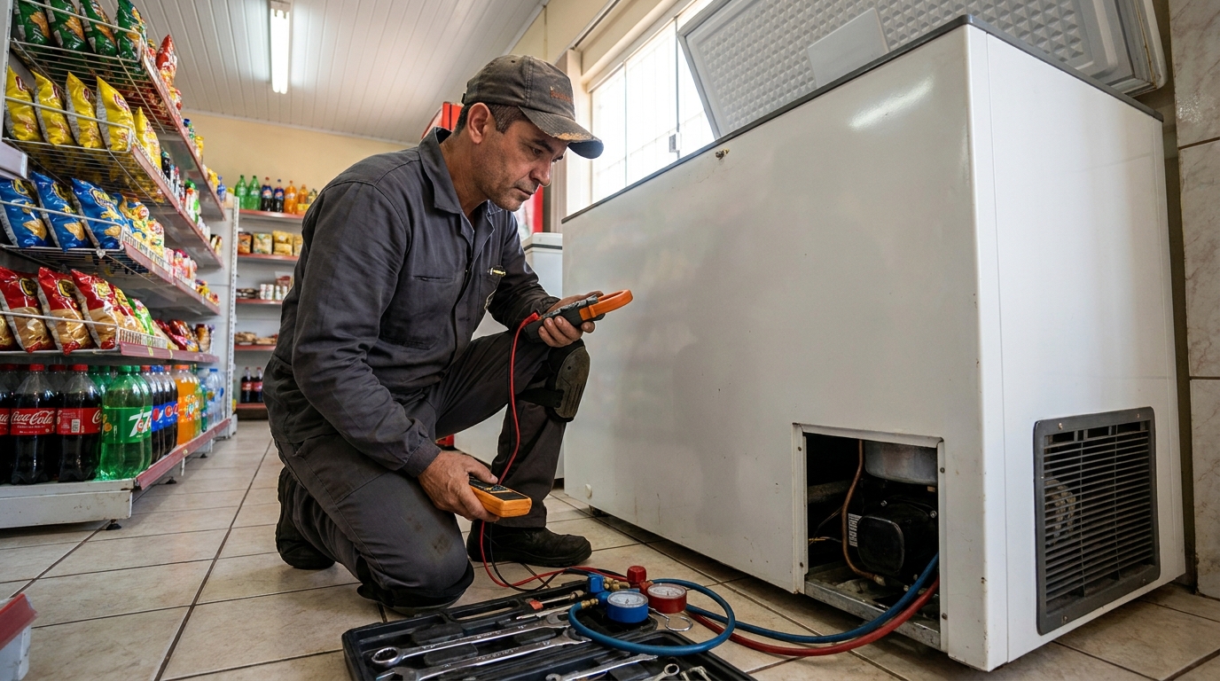 Reparo da placa eletrônica de um freezer em atendimento em Osasco‑SP