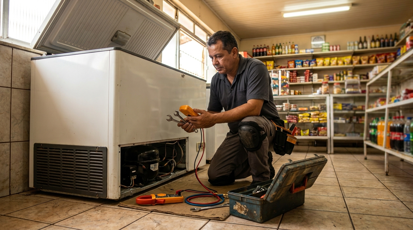 Técnico reparando o motor de um freezer horizontal em Osasco‑SP