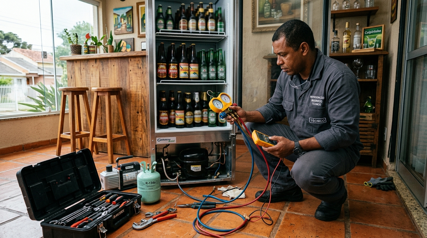 Técnico conferindo a temperatura de uma cervejeira durante atendimento em Osasco‑SP